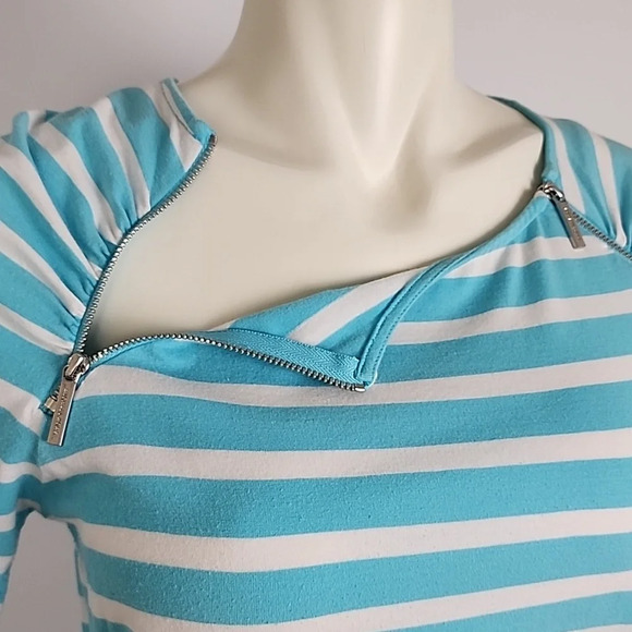 Michael Michael Kors Blue White Striped Ruched Zippers Neck Cotton Top Sz Medium - Picture 5 of 11
